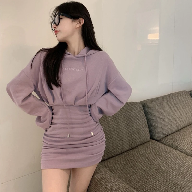 

Sexy Y2K Sweatshirts Dress Women Autumn Winter Korean Casual Hooded Zipper Pack Hip Mini Dresses Skinny Bodycon Robes