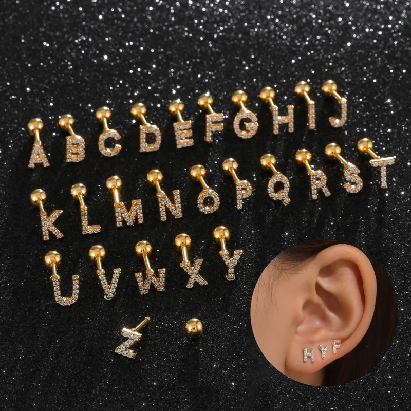 

WANZHI 2023 Fashion Copper Inlaid Zircon Initial Letter Piercing Stud Earrings for Women Threaded Ear Studs Trend Party Jewelry