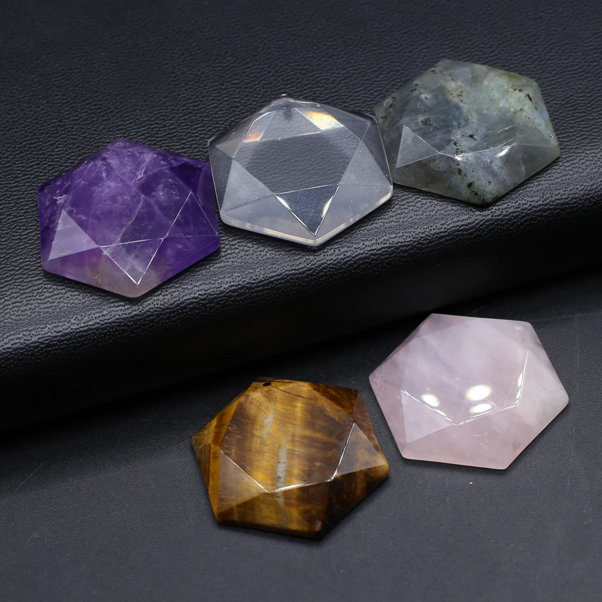 5PCS Reiki Healing Natural Amethyst Rose Quartz Tiger Eye Stone Flash Labradorite Hexagonal Pendant Jewelry Making DIY Necklace