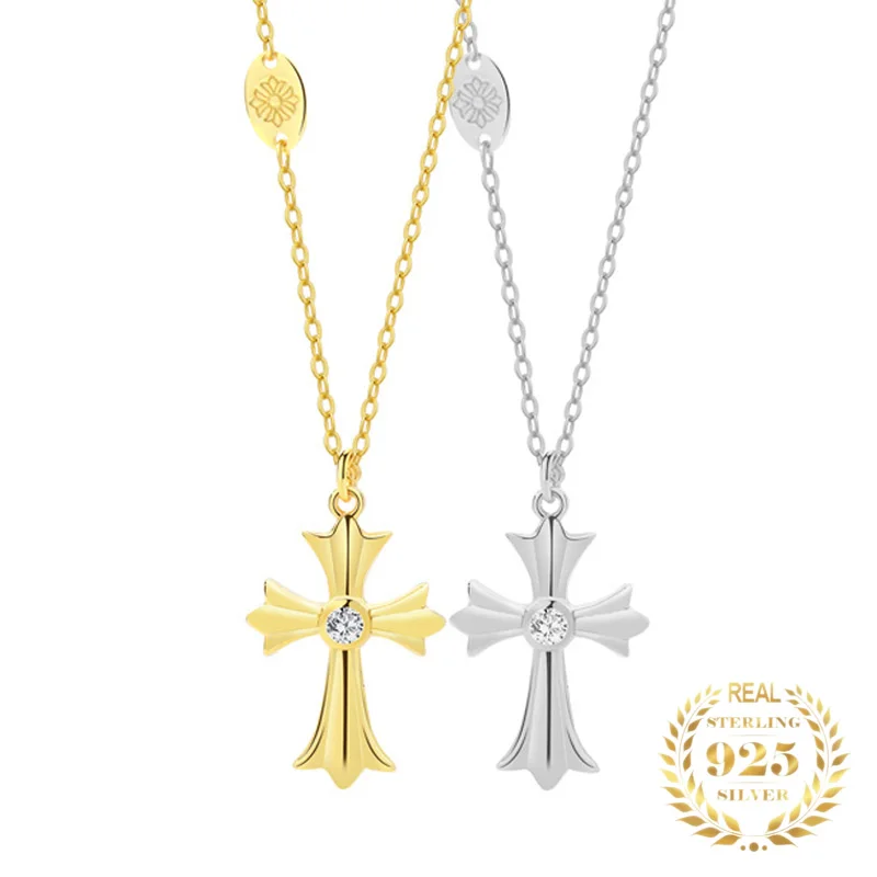 

Ins Personality 925 Sterling Silver Zircon Cross Prendant Necklace Gold Trendy Jewelry Religion Fashion Necklace for Women 2023