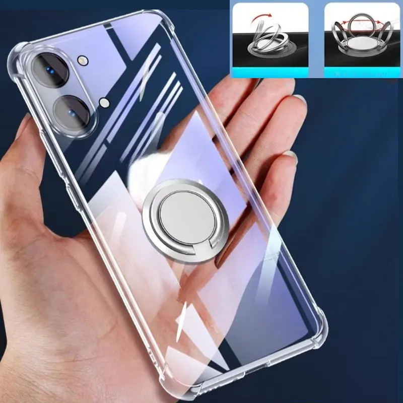 Magnetic Ring Holder Clear TPU Shockproof Phone Case with Soft Silicone Bumper
