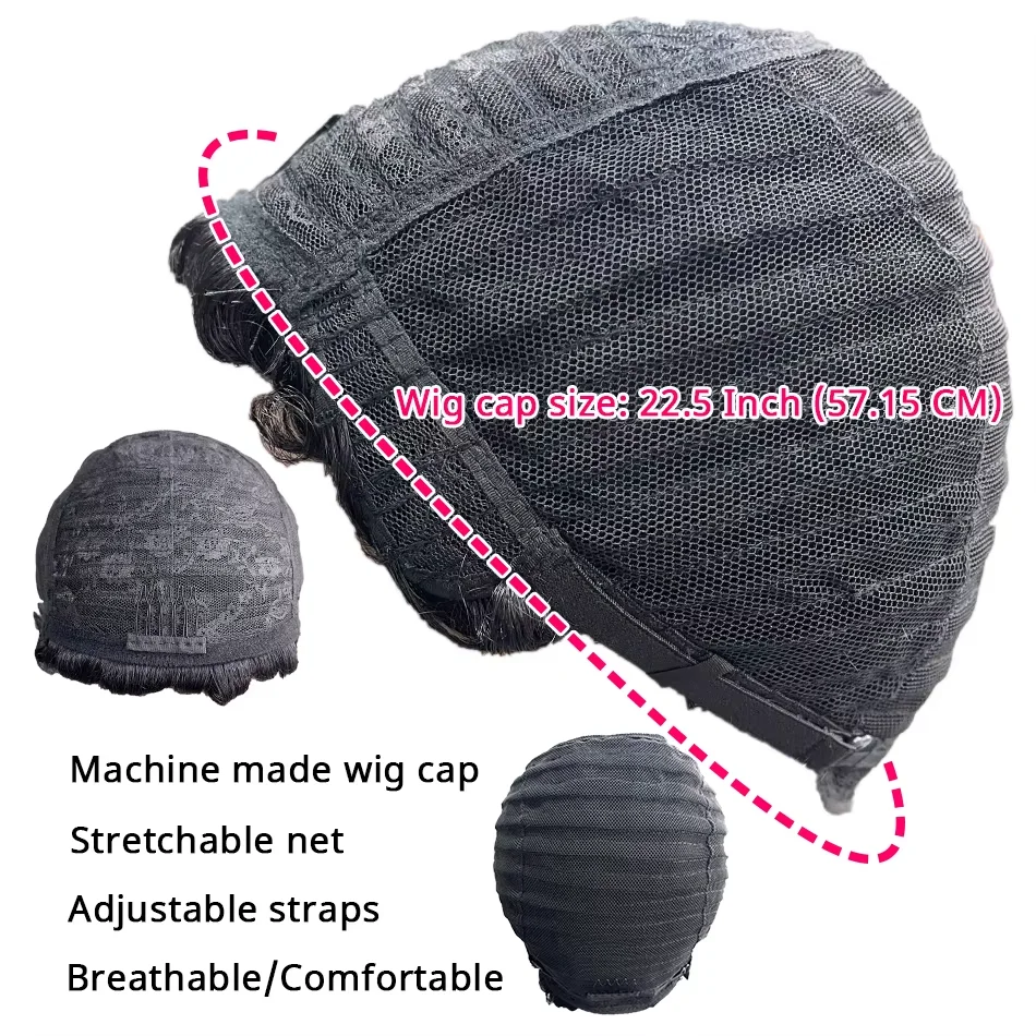 1B# Pixie Cut Human Hair Wig for Women 6" Layered Short Loose Curly with Bangs 180% Density Remy Brazilian Hair Rose Net Cap