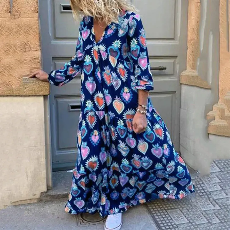 

Elegant Floral Print Dress for Women Vintage V-neck Long Sleeve Maxi Dress Fashion Single Breasted Boho Style Casual Loose Dress