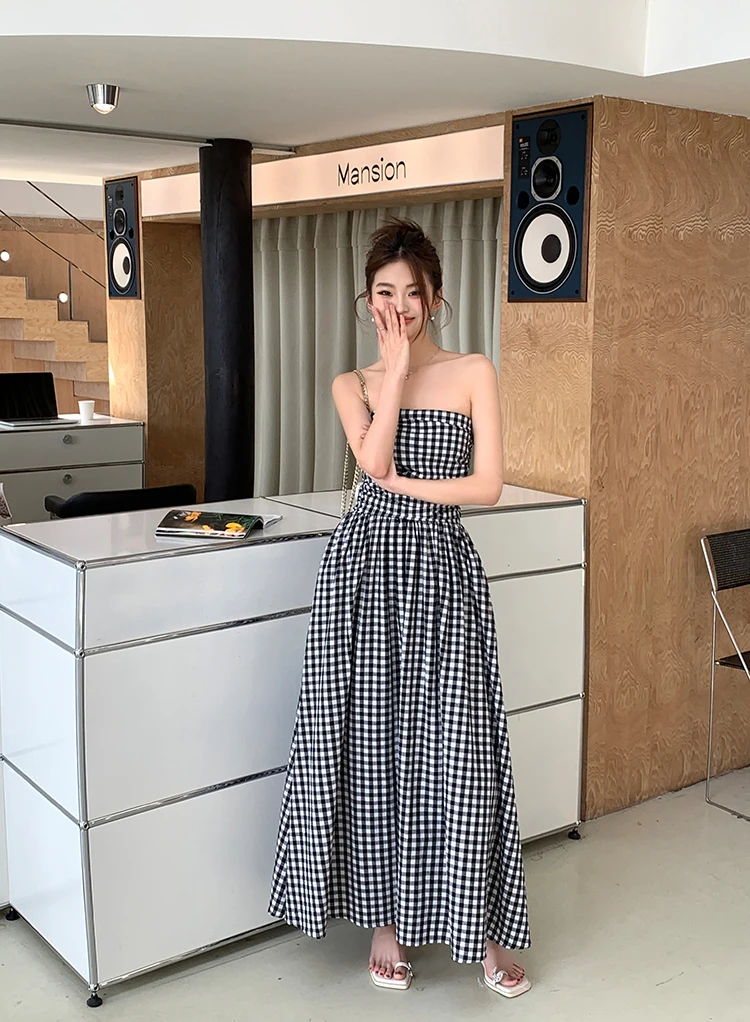 Casual Strapless Midi Dresses for Women Striped Sleeveless A-line Korean Chic Summer New Party Dress Vestidos Mujer