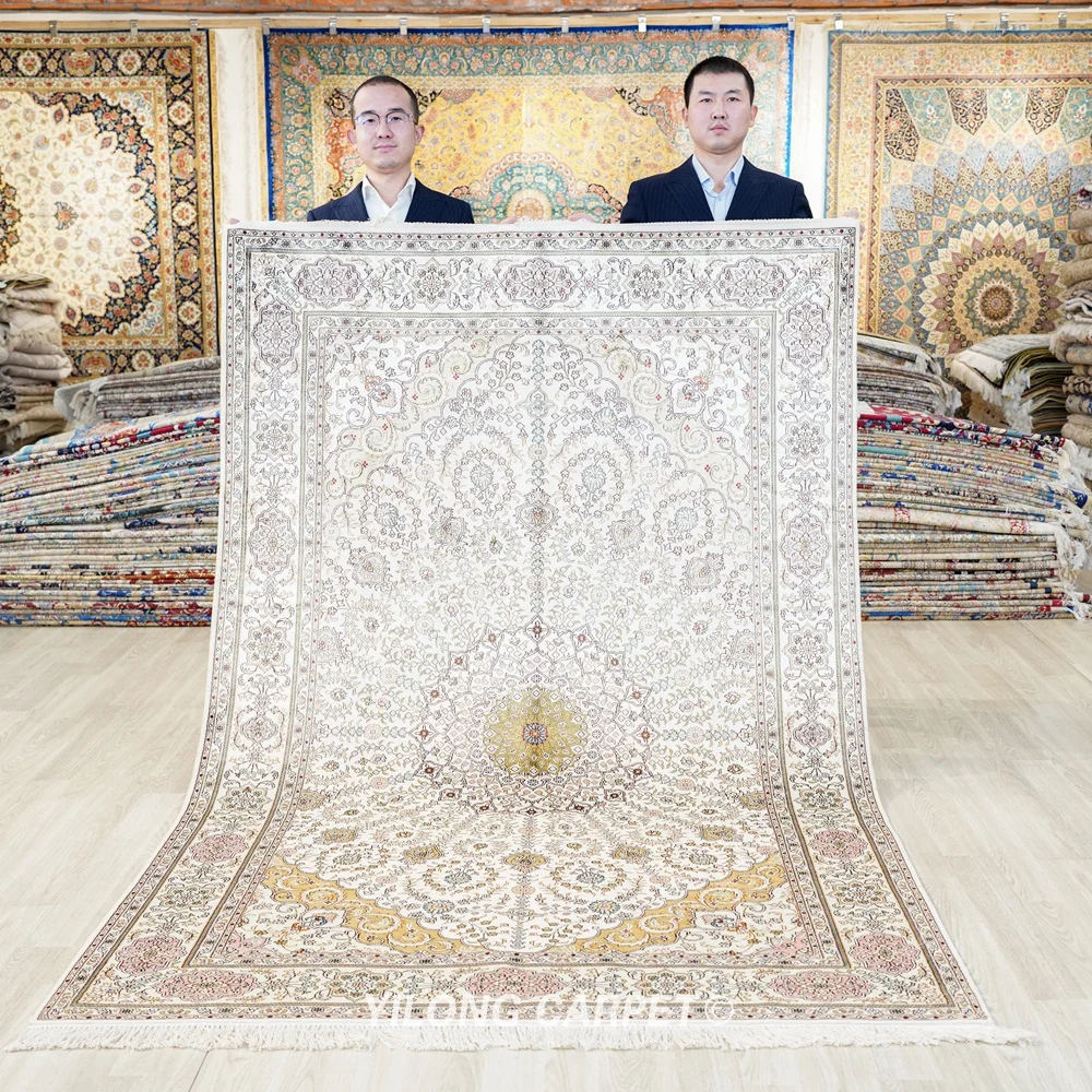

152x244 см традиционный шелковый ковер персидского дизайна, элегантный бежевый ковер с украшением в восточном стиле, распродажа (YHW060B)