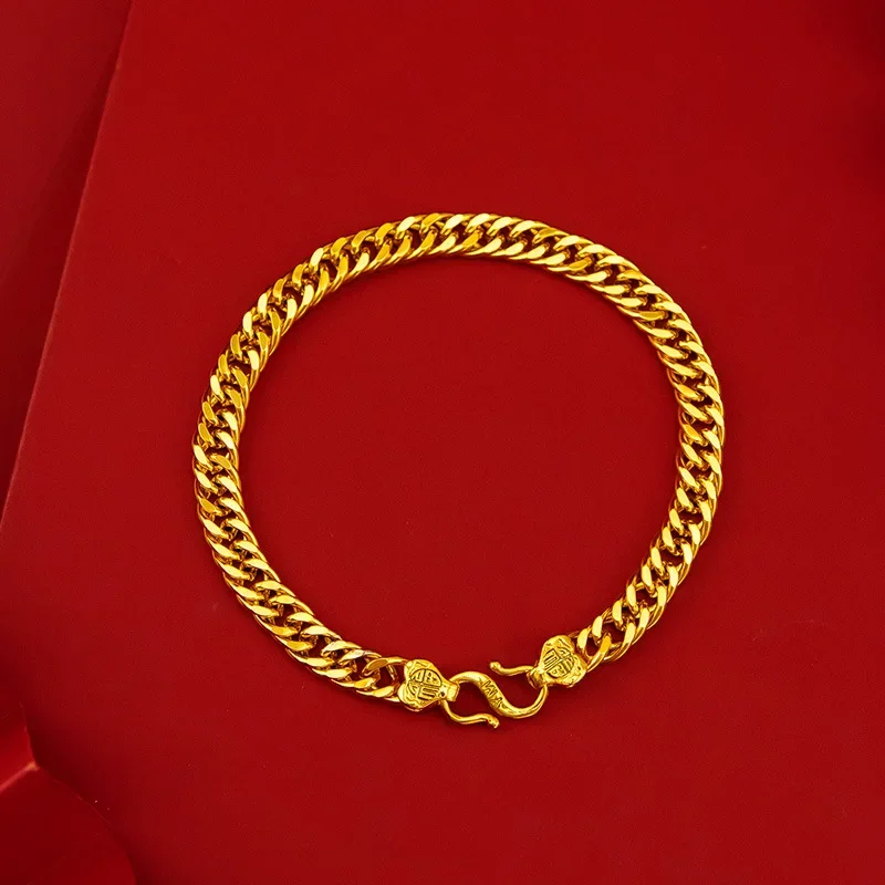 9999 real gold 24K internet celebrity lucky button boss flat chain necklace bracelet set, whip chain bracelet necklace