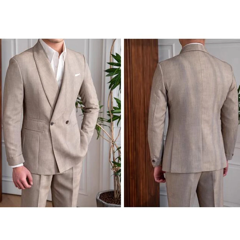 Summer New Men Suit Khaki Shawl Lapel Linen Male Suits Party Evening Dinner Formal Fashion Gentleman 2 Piece Blazer Pants