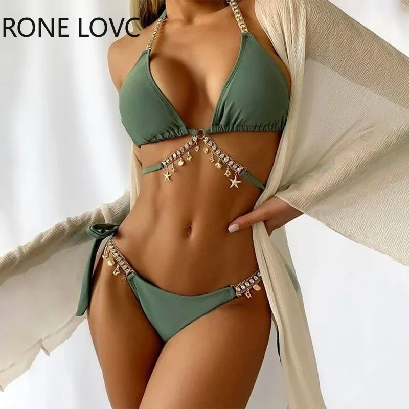 

Women Elegant Solid Sexy Halter Rhinestone Chain Vacation Beach Bikinis Does Set
