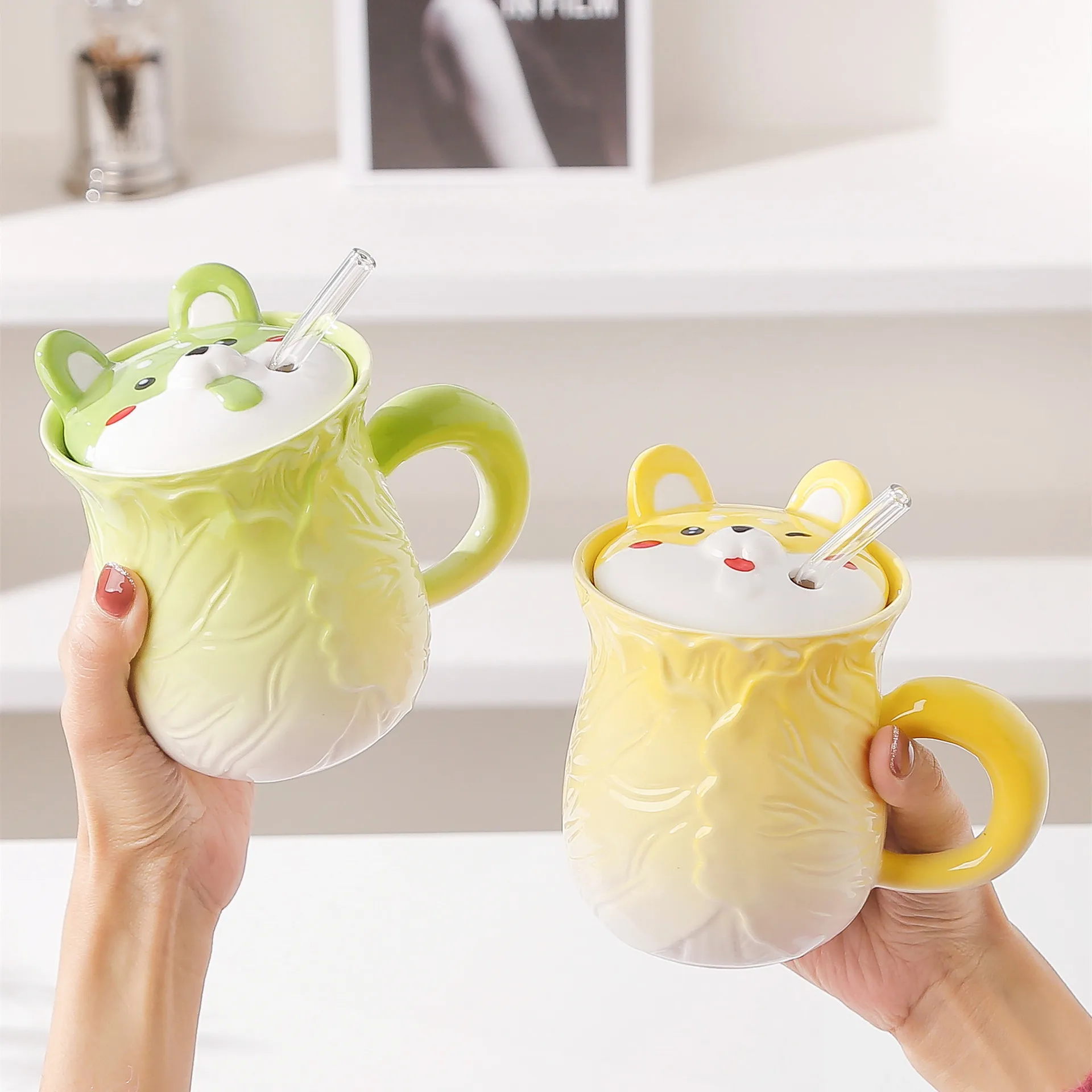 

Hand-painted Cabbage Creative Large Capacity Mug Craft Cute Ceramic Cup with Lid with Straw Office Simple Milk Cups Couple Gifts