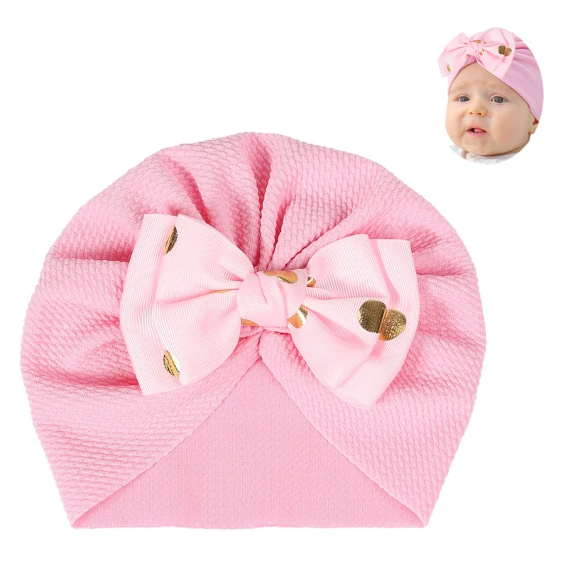 

0-1 Year Newborn Turban Hat Cute Shiny Large Hairbow Headwrap for Baby Girls Indian Hat Kids Pullover Bonnet Infant Accessories