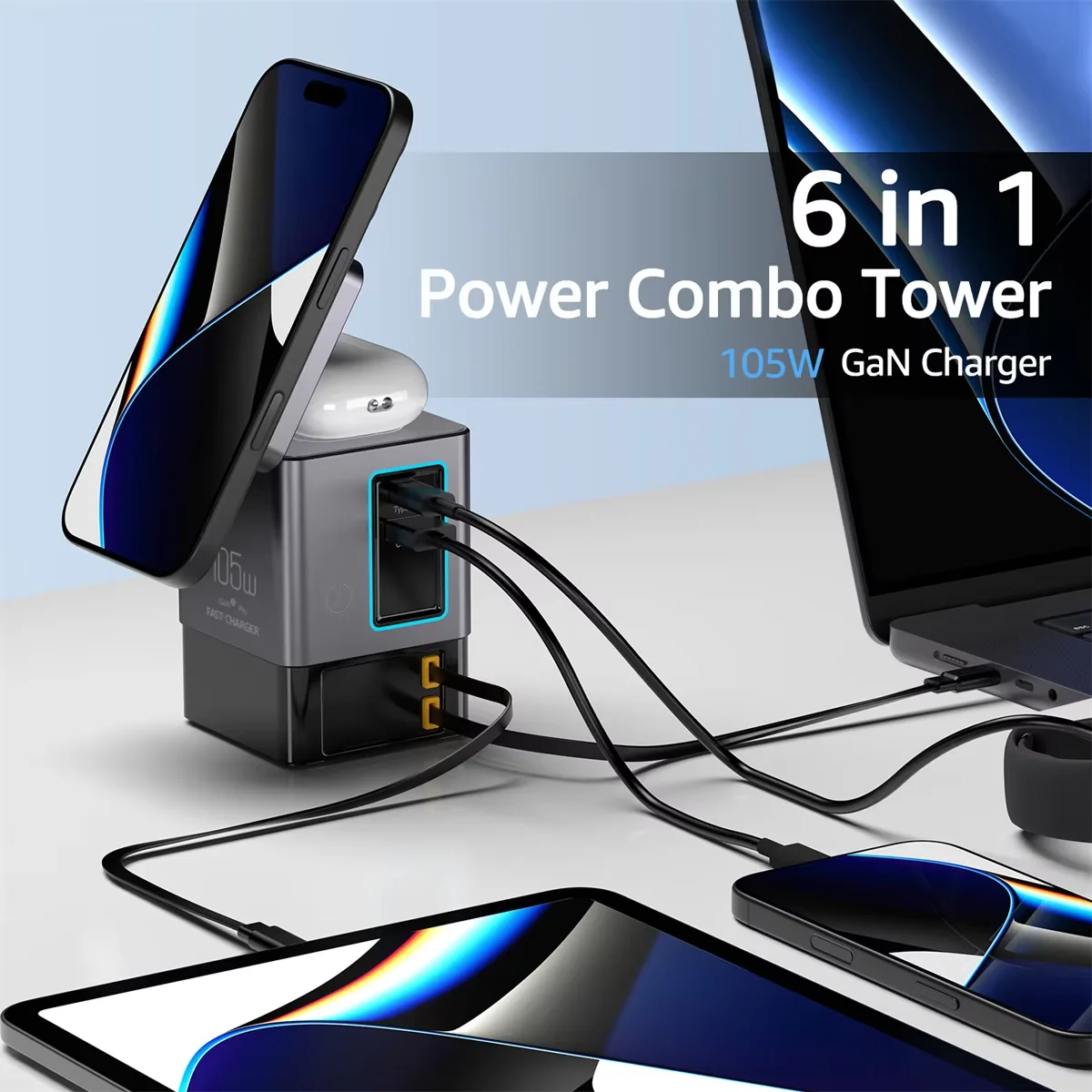 [GaN Tech] Blitzwolf i116 Max 105W Estação de Carregamento de Mesa 6 em 1 com Carregador Duplo Telescópico Integrado Tipo-C+USB-A/C