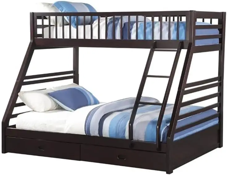 Twin Over Queen Size Bunk Bed in Wood with Storage in Espresso 63"L X 83"W X 65"H with Storage Drawers Wood Unisex