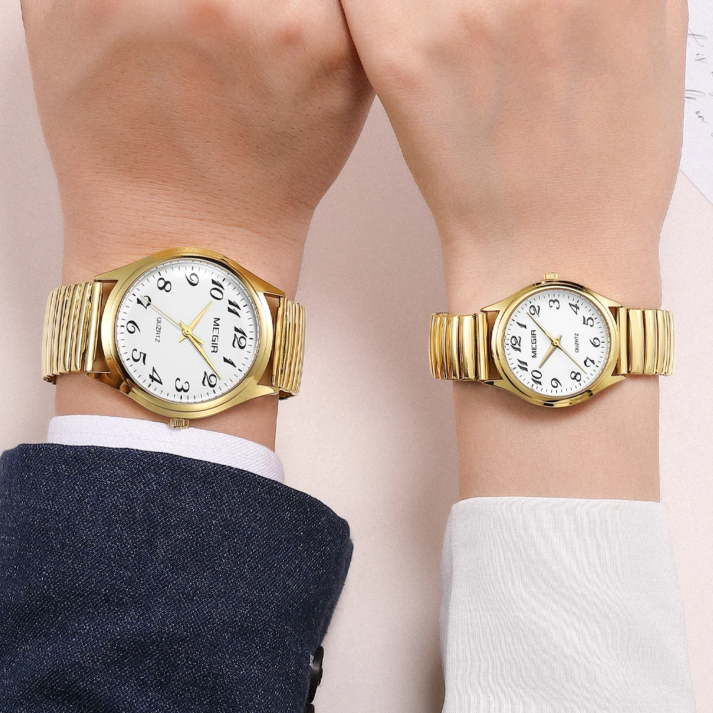 Megir Top Luxury Couple Watch For Men Women Golden Stainless Steel Quartz Wrist Watches Lovers Analog Wristwatch Waterproof, Alina Gadgets