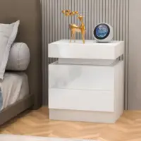 Белая прикроватная тумбочка с 2 ящиками, 1 верхним ящиком, прикроватная тумбочка с 4-сторонним глянцем, приставной столик со светодиодной подсветкой RGB для спальни — изображение 2