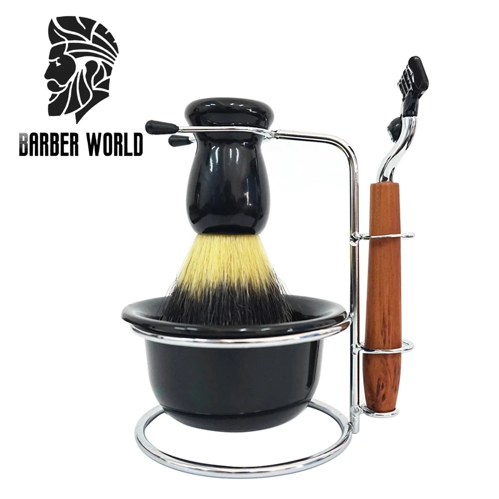 barber men s shave beard set 3 in 1 cleaning brush stand 4 In 1 Men's Beard Cleaning Set Wooden Handle Razor + Bristle Beard Brush + Stainless Steel Stand New Top Gift