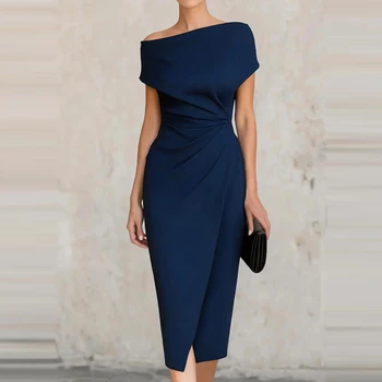 Office Lady Simple Wrap Hip Dress Sexy Slash Collar Slim Pleated Commute Dress Elegant Women High Waist Solid Color A-line Dress 1