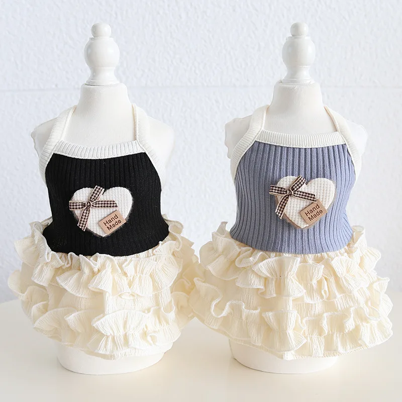 Ins Style Dog Spring & Summer Dress Elegant Heart Patterned Puffy Cupcake Skirt, For Small Dog Party And Walks