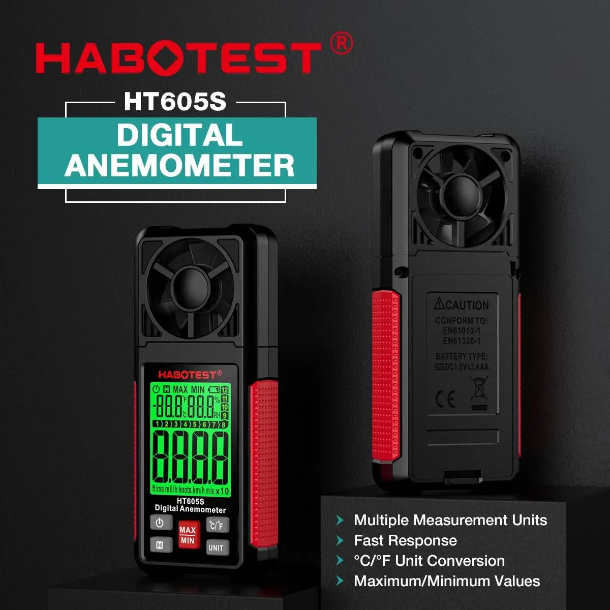 HABOTEST HT605S Digital Anemometer Handheld Portable Wind Speed Meter Air Velocity Gauge LCD Display Temperature Humidity Meter
