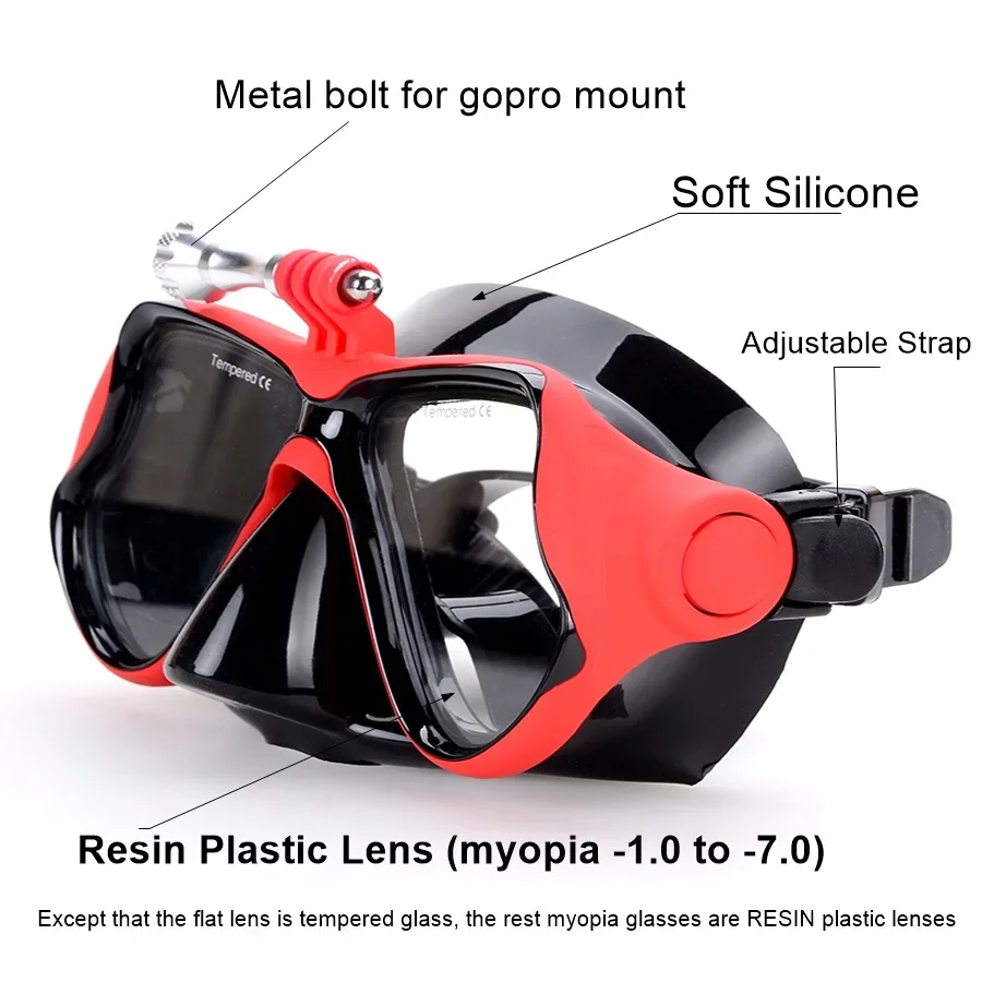 Myopia Diving Mask Gopro Bracket Anti-Fog Spray Resin Plastic Lens Swimming Snorkeling (1.5-6.0)