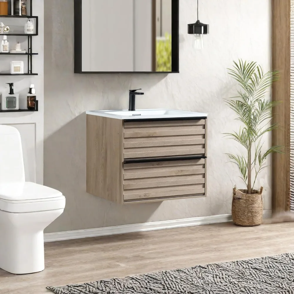 24 Inch Bathroom Vanity with Sink, 2 Extra Big Drawers, Wavy Panel Design, Wall Mounted Floating Bathroom Vanities Cabinet Set