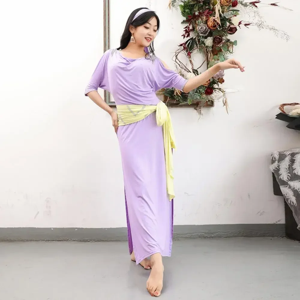 

Egyptian Cabaret Shaabi Women Belly Dance Clothes Baladi Dress Saidi Girls Costume Open Shoulder Bellydance Dress 5 PCS Set