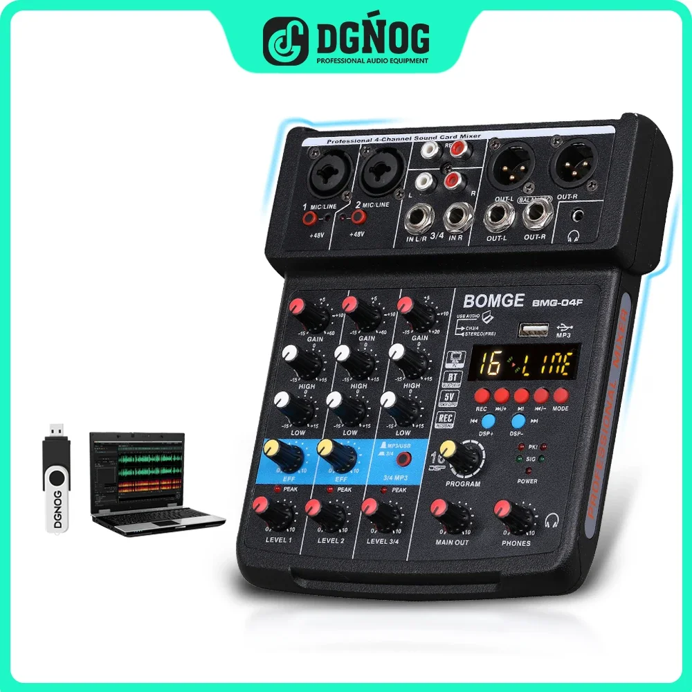 

DGNOG 4ch Sound Mixer DJ Mixing Console With 24 Echo DSP Bluetooth 48V Phantom Power Monitor Karaoke System 5V USB Mixer Audio