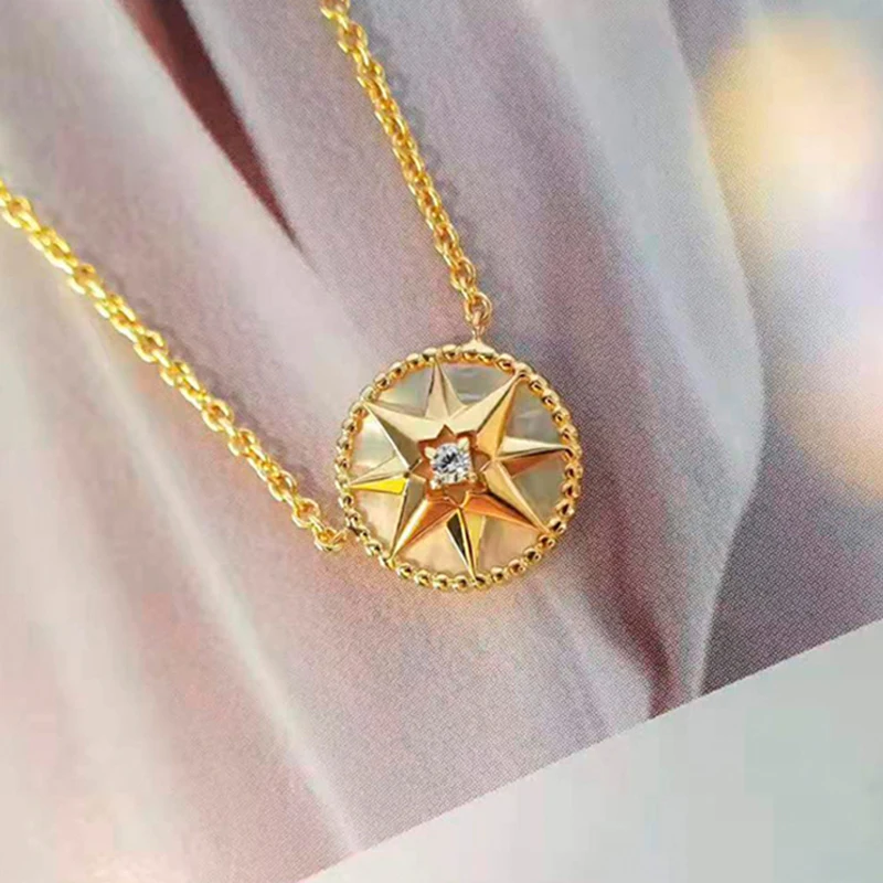 Anziw Compass Necklace for Women Girls Friends 18K Gold Plated Sterling Silver Mother of Pearl Travel Jewelry Graduation Gifts