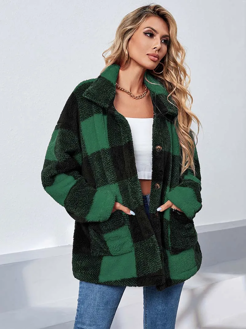 Autumn Winter Plaid Faux Fur Coat Women Checkered Thick Warm Jacket Women Furry Fluffy Teddy Jacket Plush Coat Ladies puffer coat women