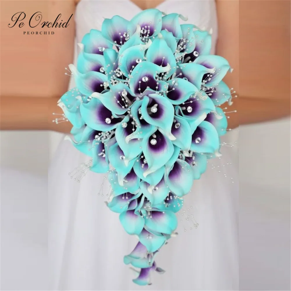 PEORCHID Charm Flowers Cascading Cala Lily Bouquet For The Bride Blue Purple Crystal Pearls Luxury Waterfall Wedding Bouquet