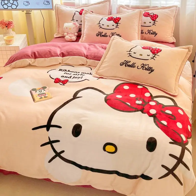 

Hello Kitty Cinnamoroll молочный бархат 4 шт. аниме мультфильм Sanrio утолщенное постельное белье студенческое общежитие 3 шт. комплект теплое постельное белье