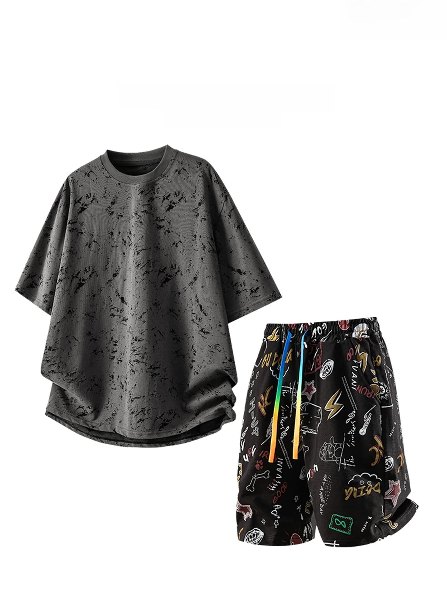 Kith 남성 캐주얼 스포츠 세트 여름 루즈한 반팔 티셔츠 반바지 코튼 폴리에스테르 혼방 청소년 패션
