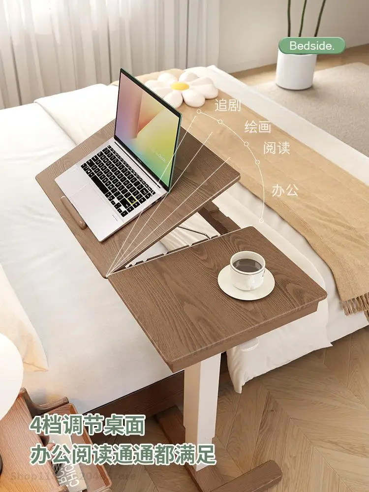 Solid Wood Bedside Table With Wheeled Movable Lifting Laptop Desk Sofa Side Table Small Bed