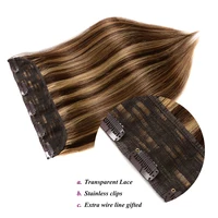 Clip In Hair Extensions wigs One Piece Natural Human Hair Clip in with 5 clips Wear to Go Hairpieces Natural Hair Balayage Blonde 3