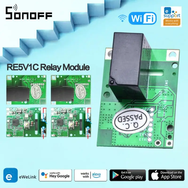 

SONOFF RE5V1C Wifi DIY Switch 5V DC Relay Module Smart Wireless Switches Inching/Self-locking APP/Voice Remote ON/OFF Modules