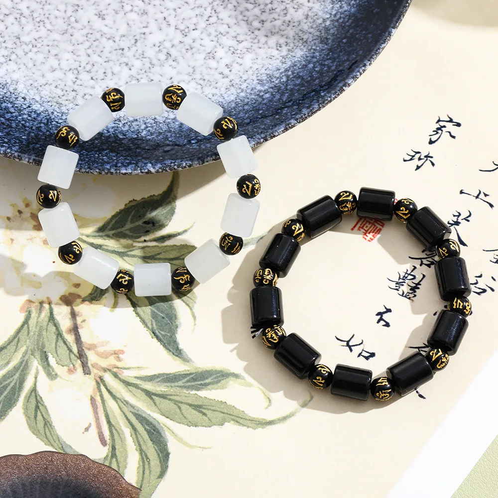 

Black and White Obsidian Six-character Truth Gold-plated Barrel Bead Bracelet for Men and Women Glass Glaze Lovers Hand Jewelry