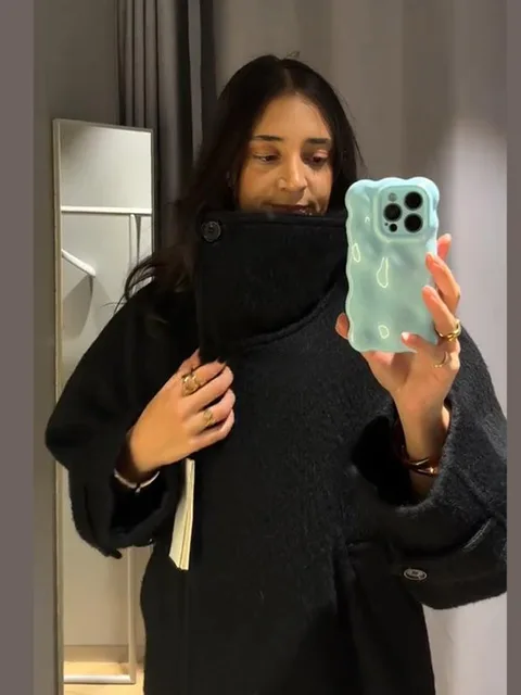 رشاقته فو سترات من الفرو النساء عالية الرقبة واحدة الصدر طويلة الأكمام معاطف الإناث 2025 الشتاء موضة الدافئة الصلبة أبلى 2