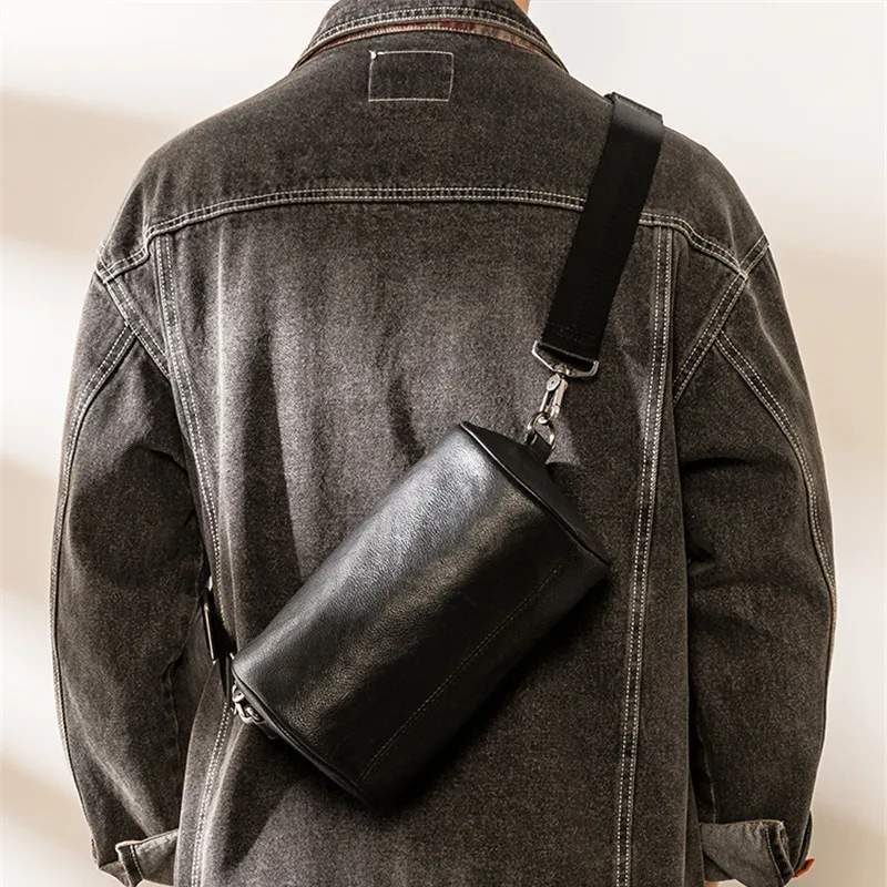 

Simple casual luxury genuine leather men black small cylinder bag fashion weekend outdoor daily soft real cowhdie crossbody bag