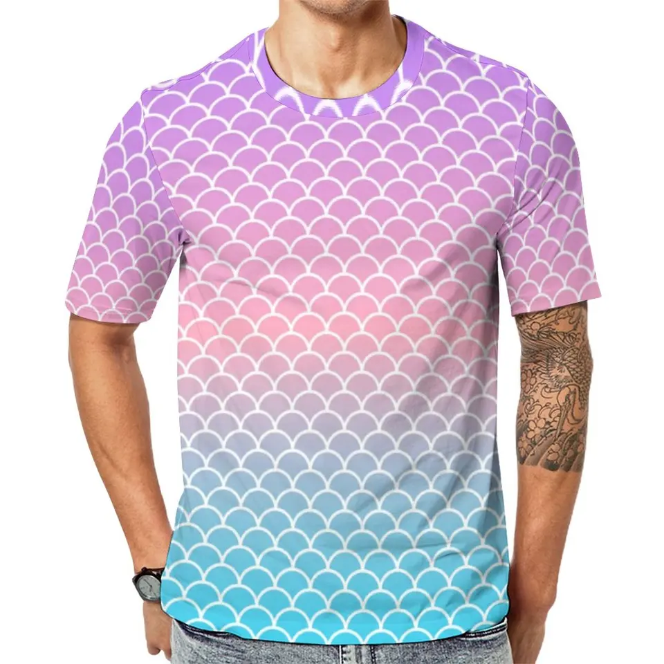 Ombre Sea Mermaid Scales T-Shirt Male Blue Purple Street Style T