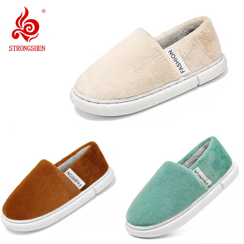 STRONGSHEN Men Home Cotton Slippers Fashion Warm Winter Furry Soft Short Plush Slipper Non Slip Bedroom Slides Indoor Home Shoes