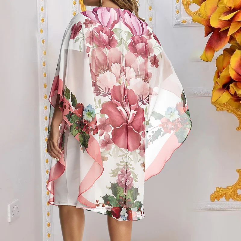 Spring Summer Plus Size Clothes Women Round Neck Diamonds Splicing Floral Print Batwing Sleeve Loose Chiffon Elegant Midi Dress