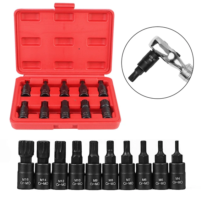 For Car Premium Cr-Mo Steel 3/8 Inch Drive 12 Point Torx Bit Socket Set Socket Wrench Tool Auto Accessories M4-M16 10pcs 1