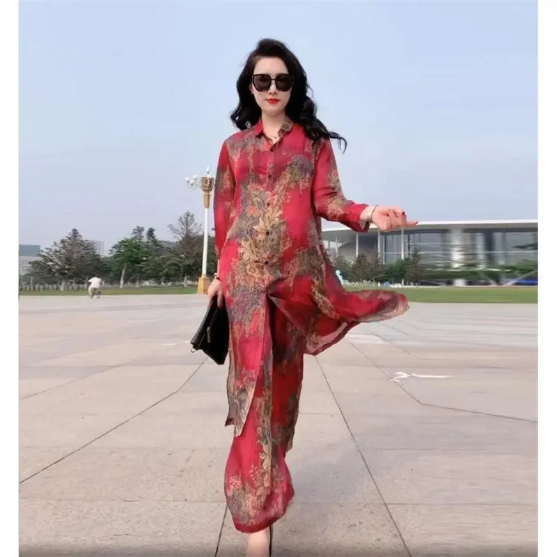 2023 New Bohemian Belly Covering Silk Wide Leg Pants Set for Women Spring Summer New Western Silk Fashion and Slim Two Piece Set