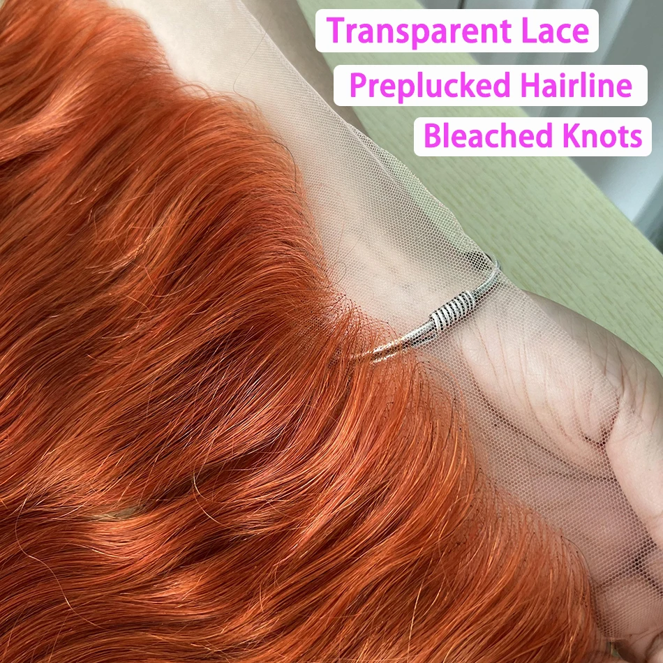 Body Wave #350 Colored 13x4 Transparent Lace Frontal Human Hair Orange Ginger Melt Skin Invisible Pre-Plucked Lace For Women