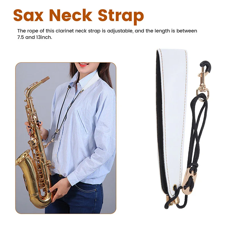AA90-Saxophone Neck Strap, Alto Sax Neck Strap, Clarinet Strap White Leather Band