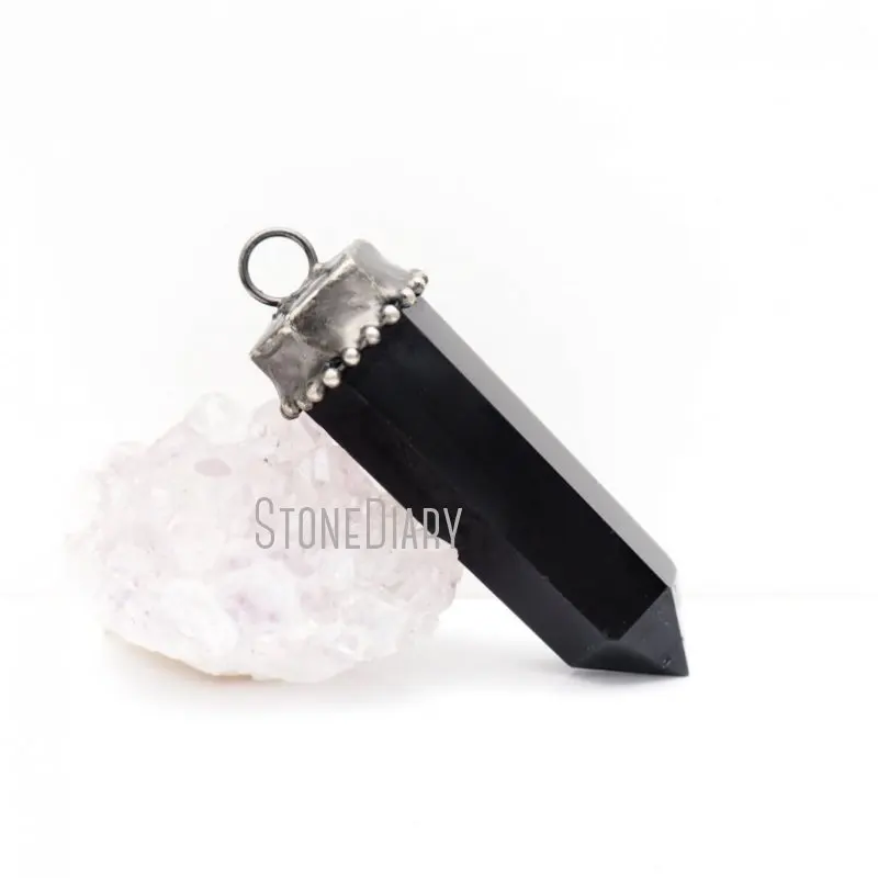 

PM42406 Natural Gemstone Obsidian Point Pendant Black Stone Hexagonal Prism Pendant Antique Silver Plated Obsidian Jewelry