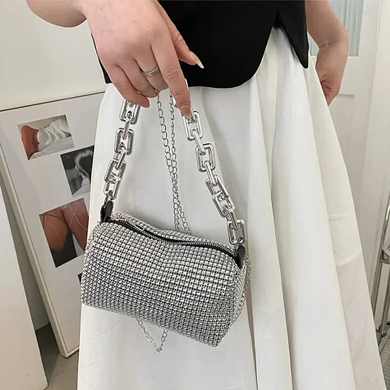 Full Version Rhinestone Bucket Tote Bag, Stylish Sparkling Chain Ball Pillow Shoulder Bag, Women's Mini Hand-Held Crossbody Bag