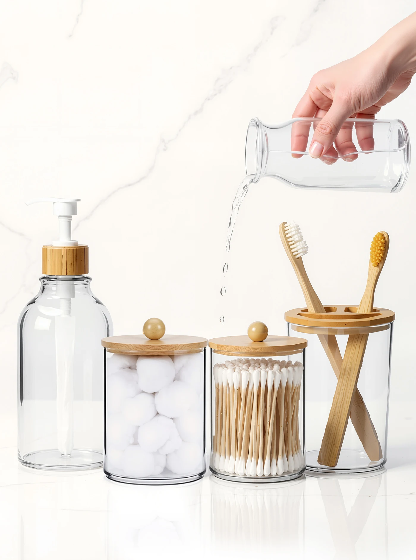 Description Picture 3 of item4-Pc Bathroom Set Acrylic Soap Dispenser Toothbrush Cup Cotton Swab Jar Cotton Ball Canister Bamboo Lid Modern Bath Storageâ€‹