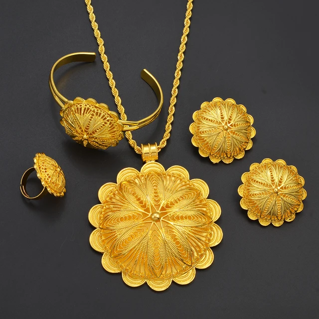 Anniyo 7.7cm Big Pendant Necklace Earrings Bracelet Rings African Ethiopian Jewelry Sets Eritrean Arabic Wedding Decor  #155216R 6