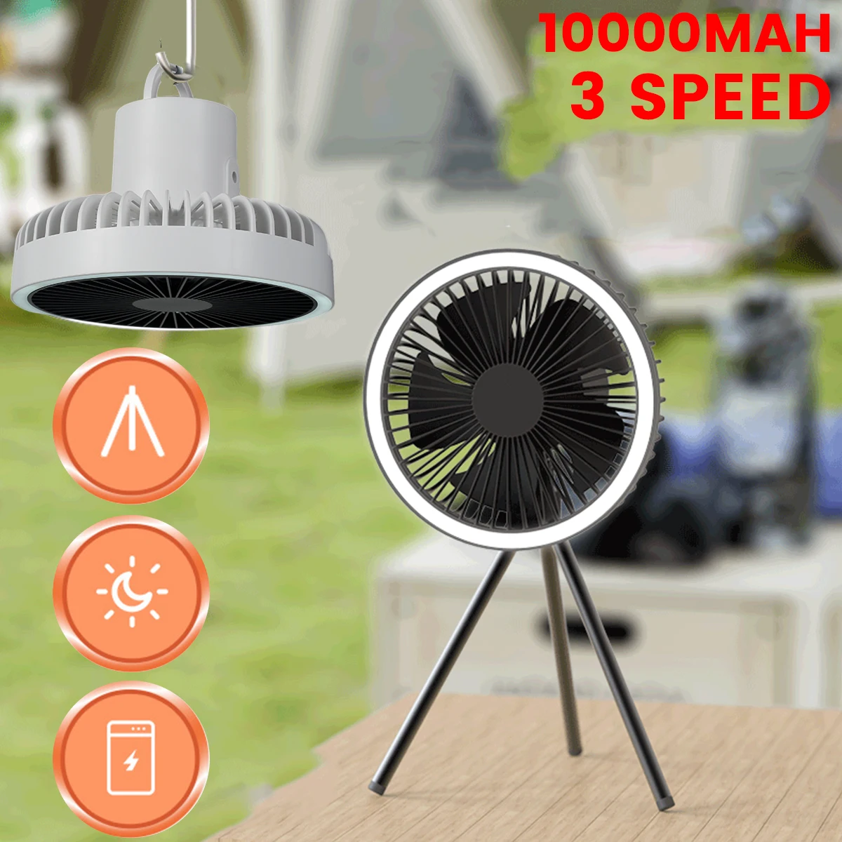 

Tripod Fan Portable Camping Fan Rechargeable Multifunctional Mini Fan Outdoor Camping Ceiling Fan Led Light Tripod Stand Desktop
