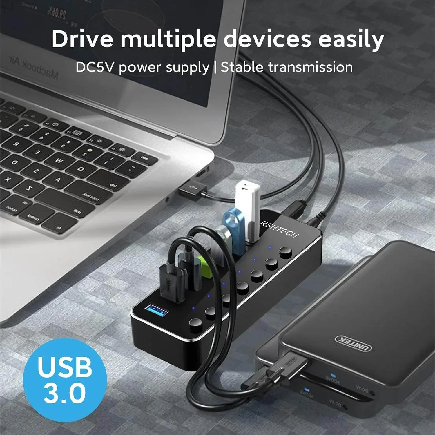 RSHTECH USB 3.0 Hub 7 Port Expander 5Gbps Data Transfer USB Splitter with Individual On/Off Switches and 5V/2A Power Adapter 2